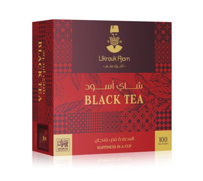 Box of Premium Ceylon Black Tea, 100 Teabags Package, with Ornate Red and Gold Design.